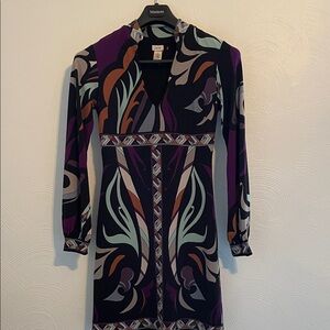 Cache Long Sleeve Dress with Purple and Black Pattern